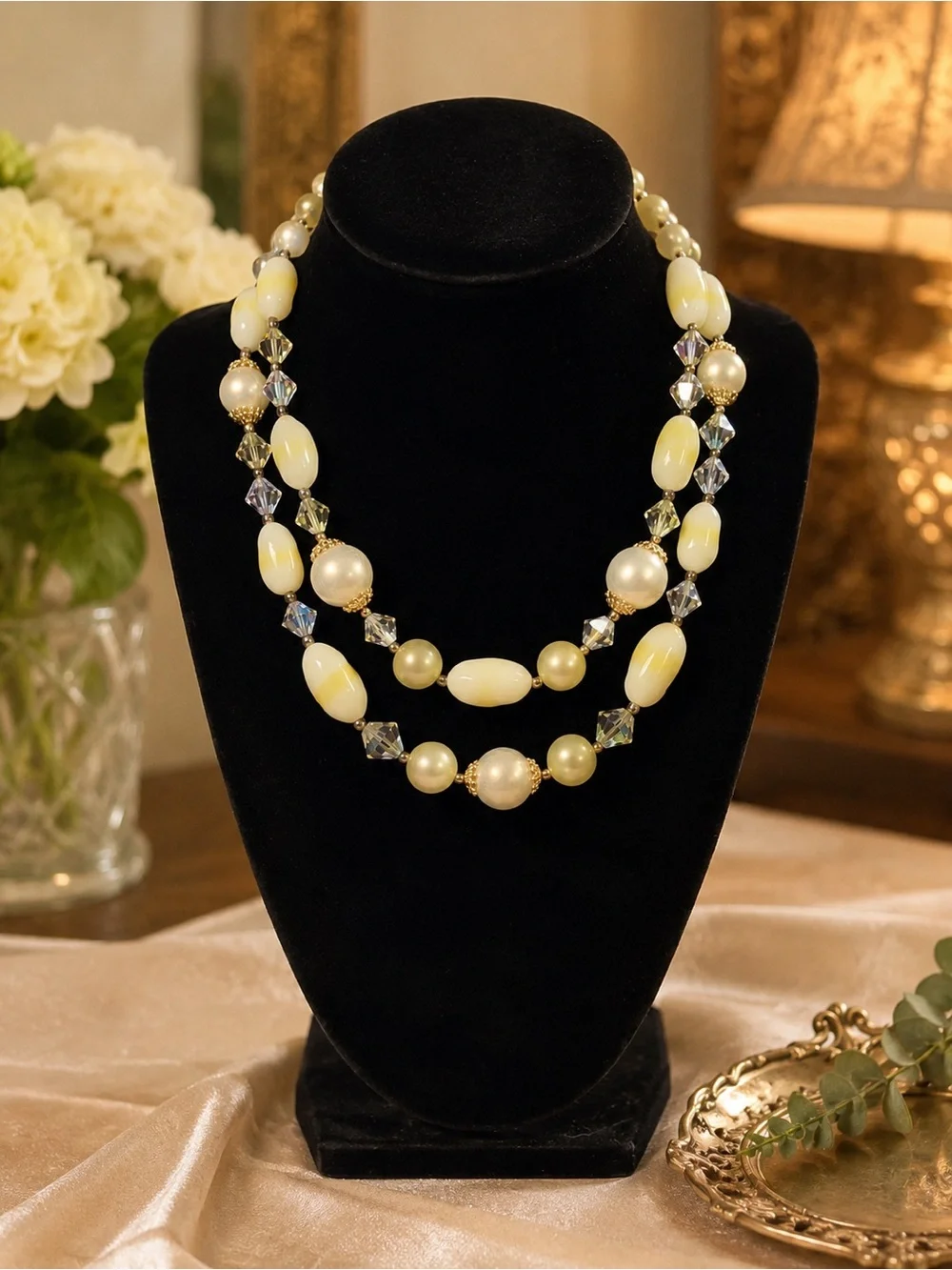 Vintage Japan Butter Yellow Glass Crystal Bead Two Strand Choker Necklace